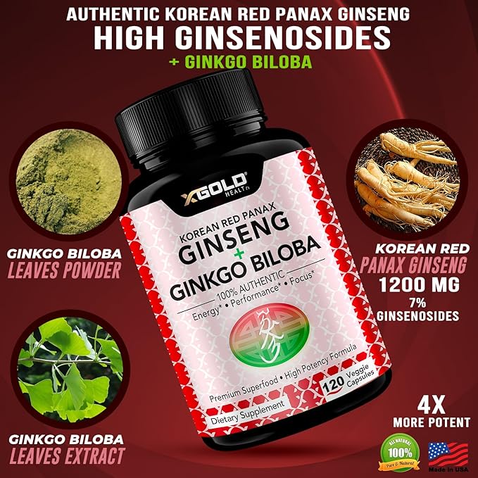 Korean Red Panax Ginseng 1200mg + Ginkgo Biloba -120 Vegan Capsules - High Ginsenosides Extra Strength Root Extract Powder Supplement for Energy, Performance & Focus Pills for Men & Women