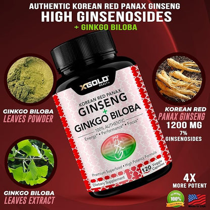 Korean Red Panax Ginseng 1200mg + Ginkgo Biloba -120 Vegan Capsules - High Ginsenosides Extra Strength Root Extract Powder Supplement for Energy, Performance & Focus Pills for Men & Women