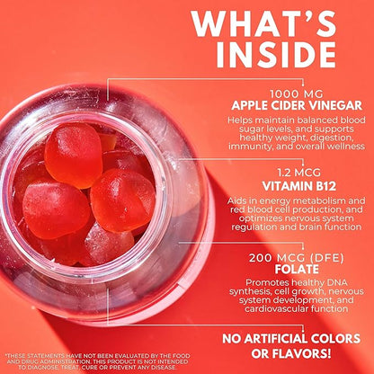 Apple Cider Vinegar Gummies - Sugar Free Apple Cider Gummies with Vitamin B12 and Beetroot Powder - Vegan, Non-GMO & Gluten-Free, Made in USA (30 Servings)
