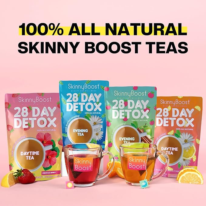 SkinnyBoost 28 Day Detox Tea Kit-1 Daytime (28 Bags) 1 Evening (14 Bags) Non GMO, Vegan, All Natural Teas, Made with Green Tea and Herbal Teas for Natural Detox and Cleanse, Reduce Bloating