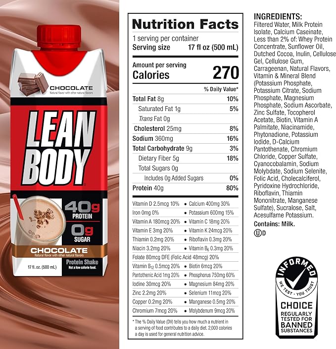 Lean Body Ready-to-Drink Chocolate Protein Shake, 40g Protein, Whey Blend, 0 Sugar, Gluten Free, 22 Vitamins & Minerals, LABRADA, 17 Fl Oz (Pack of 12)