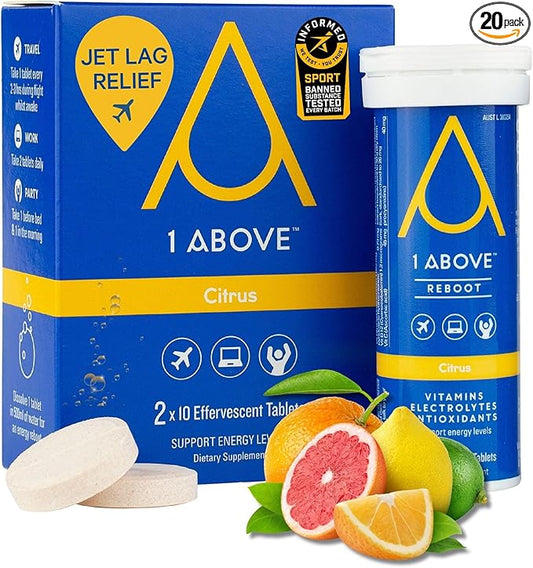 Jet Lag Relief Tablets - Citrus-Flavored Effervescent Multivitamin with Pycnogenol Travel Supplement for Hydration, Energy, Immune Support and Faster Recovery - Flight Essential, 20 Tablets