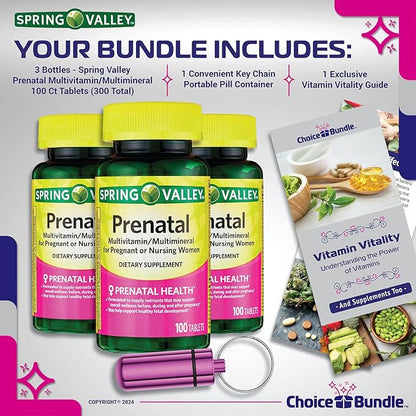 Spring Valley Prenatal Multivitamin Multimineral for Pregnant & Nursing Women Dietary Supplement Tablets 100 Ct 3 pk Choice Bundle (300 Total) + Vitamin Guide & Pill Container (5 Items)!
