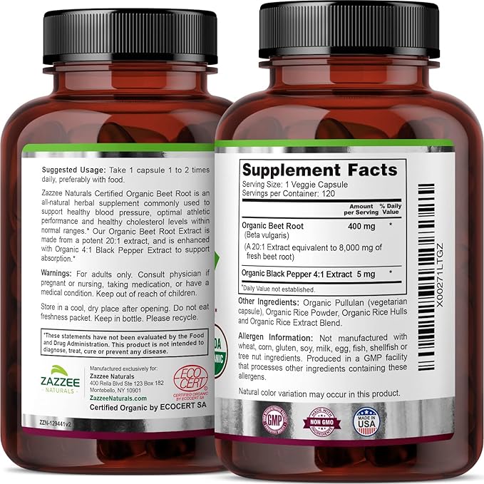 Zazzee USDA Organic Beet Root 8000 mg Strength 20:1 Extract, 120 Vegan Quick Release Capsules, Black Pepper Extract for Enhanced Absorption, Supports Nitric Oxide Production, Non-GMO, Made in The USA