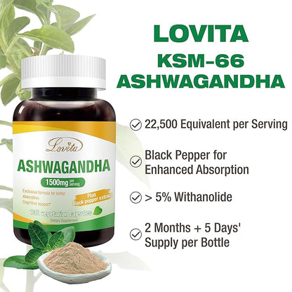 Lovita KSM-66 Ashwagandha | Highly Concentrated 22,500mg Equivalent | 5% Withanolide | 95% Black Pepper Piperine | Stress Relief & Energy Support | Vegan, Gluten Free | 130 Capsules