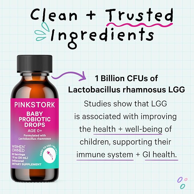 Pink Stork Baby Probiotic Drops, Newborn, Infant & Toddler Probiotics to Help Aid Digestion and Constipation Support, Newborn Essentials - 1 fl oz, 2 Month Supply