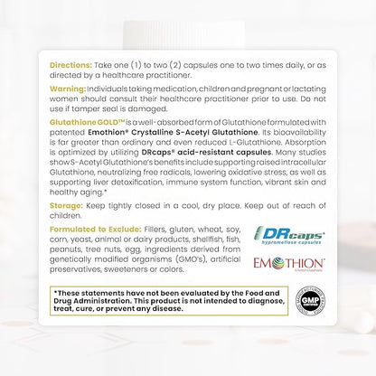 S-Acetyl Glutathione GOLD - 60 DRcaps "Acid-Resistant" | 200mg Per Capsule | Patented Acetylated Form of Glutathione (Emothion®) | 2 Month Supply | ZERO Fillers / Flow Agents | Pharmaceutical Grade