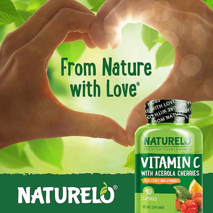 NATURELO Vitamin C with Organic Acerola Cherry Extract and Citrus Bioflavonoids - Vegan Supplement - Immune Support - 500 mg VIT C per Cap - Non-GMO - 180 Capsules