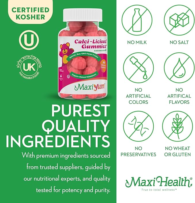 Maxi Health - Calcium Gummies with Vitamin D3 (60 Count) - 300 mg Coral Calcium & 1000 IU Vitamin D Gummy - Chewable Kosher Calcium D3 Gummies for Adults, Women, Men & Kids - Calcium Chews Supplement