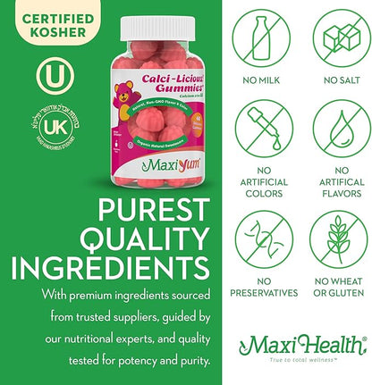 Maxi Health - Calcium Gummies with Vitamin D3 (60 Count) - 300 mg Coral Calcium & 1000 IU Vitamin D Gummy - Chewable Kosher Calcium D3 Gummies for Adults, Women, Men & Kids - Calcium Chews Supplement