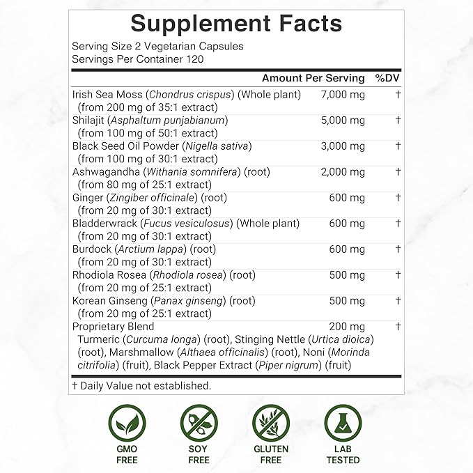 DEAL SUPPLEMENT Irish Sea Moss 7000mg Per Serving, 240 Veggie Capsules – 14 Superfood Complex – 3000mg Black Seed Oil, 2000mg Ashwagandha, 600mg Ginger