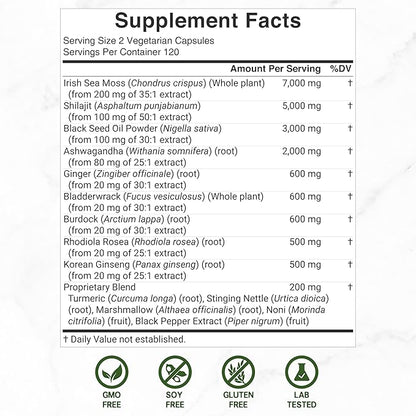 DEAL SUPPLEMENT Irish Sea Moss 7000mg Per Serving, 240 Veggie Capsules – 14 Superfood Complex – 3000mg Black Seed Oil, 2000mg Ashwagandha, 600mg Ginger