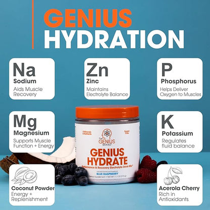 Genius Hydrate Powder Drink Mix Blue Raspberry 50 Servings - Natural Electrolyte Hydration Booster Endurance Supplement with Coconut Water Potassium Magnesium Zinc Sugar Free No Artificial Sweeteners
