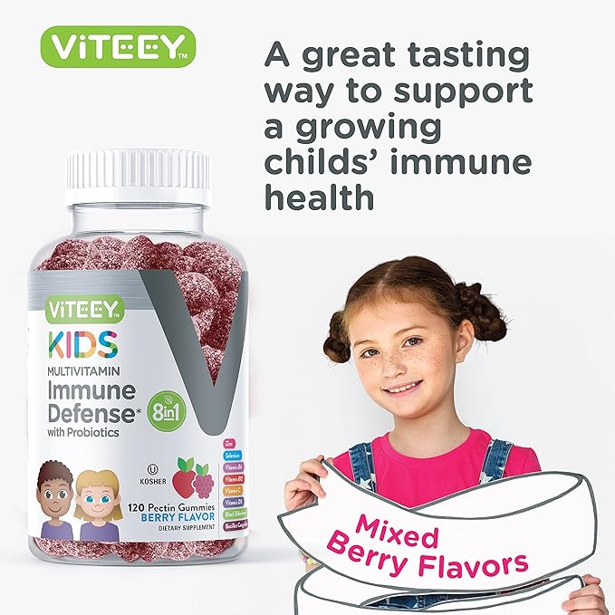 Kids Multivitamin Gummies with Probiotics - 8-1 Kids Vitamins for Immune Health Support with Vitamin C, D3, B12, B6, Zinc, Elderberry, Selenium - Vegetarian - Chewable Tasty Berry Flavored Gummy