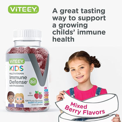 Kids Multivitamin Gummies with Probiotics - 8-1 Kids Vitamins for Immune Health Support with Vitamin C, D3, B12, B6, Zinc, Elderberry, Selenium - Vegetarian - Chewable Tasty Berry Flavored Gummy