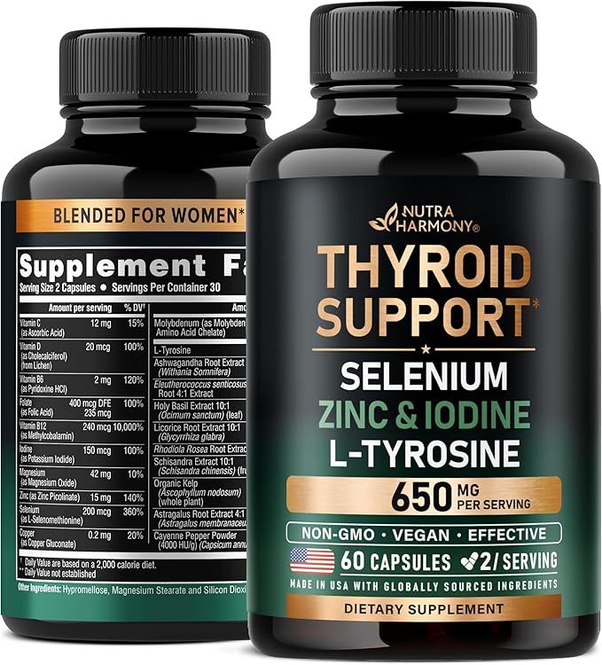 Thyroid Support for Women - Selenium 200 mcg | Zinc & Iodine | L-Tyrosine | Magnesium | Adaptogen Herbs - 21-in-1 Antioxidant & Immune Support - Vegan, Non-GMO, Lab Tested - 60 Capsules, Made in USA