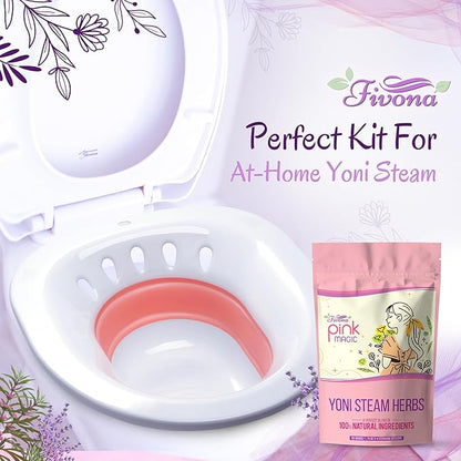 Fivona Yoni Steam Kit 2-in-1 Bundle of Steaming Seat with Pink Premium Herbs Bundle - at Home V-SPA Cleansing Set for Toilet Bowl - Detox and Rejuvenate with All-Natural Herbal Therapy