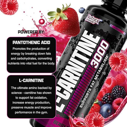 Nutrex Research L-Carnitine 3000 (31 Servings, Berry Blast) | Liquid Shots, Stimulant Free | Supports Muscle Recovery For Men and Women