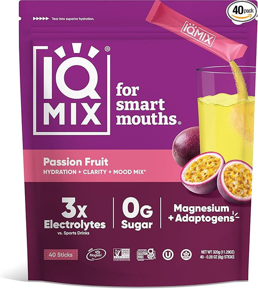 IQMIX Sugar Free Electrolytes Powder Packets - Hydration Supplement Drink Mix with Keto Electrolytes, Lions Mane, Magnesium L-Threonate, and Potassium Citrate - Passion Fruit (40 Count)