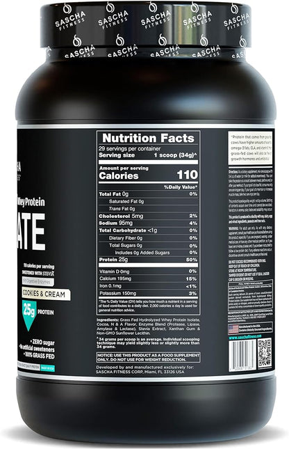 SASCHA FITNESS Hydrolyzed Whey Protein Isolate,100% Grass-Fed (2 Pounds, Cookies & Cream)