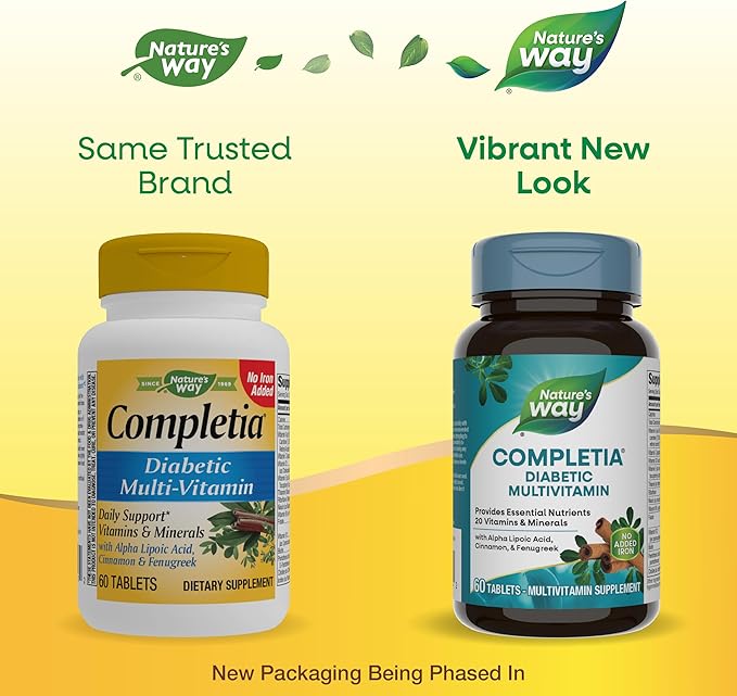 Nature's Way Completia Diabetic Multivitamin, Provides Essential Nutrients, with Alpha Lipoic Acid, Cinnamon, Fenugreek, Taurine, Lutein, High Potency B-Vitamins, 60 Tablets (Packaging May Vary)