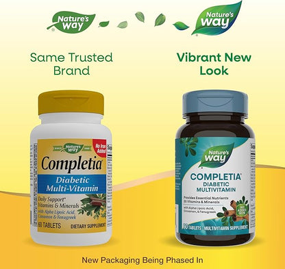 Nature's Way Completia Diabetic Multivitamin, Provides Essential Nutrients, with Alpha Lipoic Acid, Cinnamon, Fenugreek, Taurine, Lutein, High Potency B-Vitamins, 60 Tablets (Packaging May Vary)