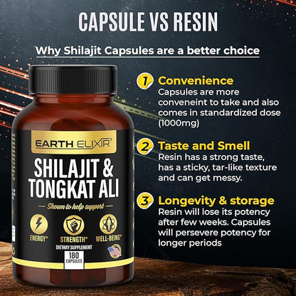 Shilajit 1000mg & Tongkat Ali 400mg (180 Capsules) Made in USA-Shilajit Supplement (20% Fulvic Acid) Shilajit Pure Himalayan Organic & Tongkat Ali for Men More Potent Than Shilajit Resin