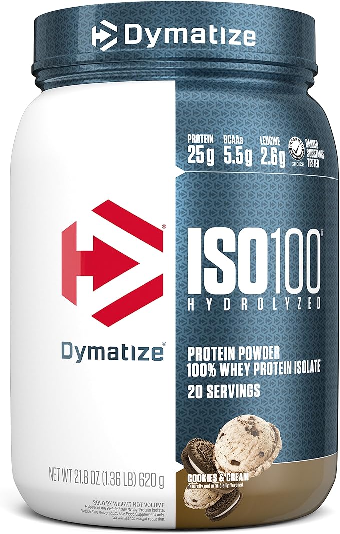 Dymatize ISO100 Hydrolyzed Protein Powder, 100% Whey Isolate Protein, 25g of Protein, 5.5g BCAAs, Gluten Free, Fast Absorbing, Easy Digesting, Cookies and Cream, 20 Servings