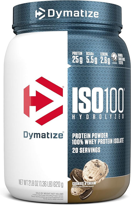 Dymatize ISO100 Hydrolyzed Protein Powder, 100% Whey Isolate Protein, 25g of Protein, 5.5g BCAAs, Gluten Free, Fast Absorbing, Easy Digesting, Cookies and Cream, 20 Servings
