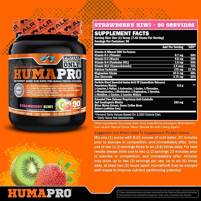Humapro | Amino Acids Protein Matrix for Humans | 99% Utilization for Lean Muscle | Vegan, Gluten Free | 667g / 90 Servings (Strawberry Kiwi)