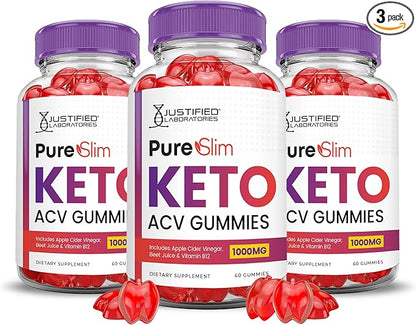 (3 Pack) Pure Slim Keto ACV Gummies Advanced Formula 1000MG PureSlim Keto Gummies Apple Cider Vinegar Formulated with Pomegranate Beet Juice Powder B12 Vegan Non GMO 180 Gummys