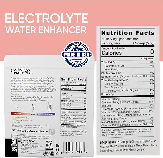 Electrolytes Powder Plus (50 Servings), 0 Calorie Keto, 0 Sugar, No Maltodextrin,1000mg Potassium,120mg Calcium,120mg Magnesium, Hydration Powder (50 Servings, Watermelon)