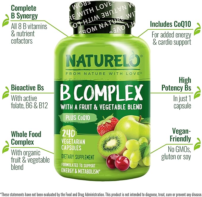 NATURELO B Complex - Whole Food Complex with Vitamin B6, Folate, B12, Biotin - Supplement for Energy and Stress - High Potency - Vegan - Vegetarian - Non GMO - Gluten Free - 240 Capsules