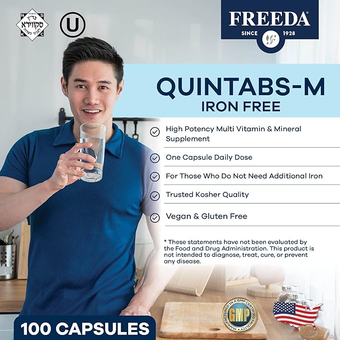 FREEDA One Daily Multivitamin Without Iron – Quintabs-M Iron-Free – Kosher, Balanced Multivitamin Supplements for Adults, Men & Women's Health Complete Multivitamins (100 Capsules)