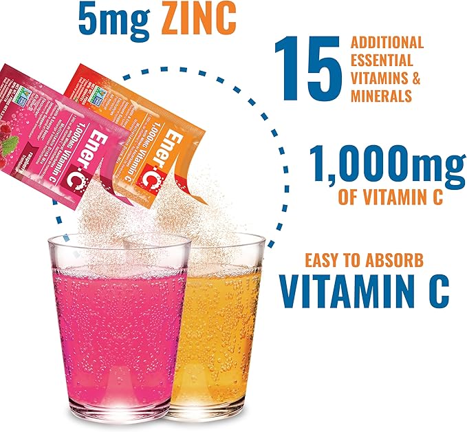 Ener-C Orange & Raspberry Multivitamin Drink Mix Powder Vitamin C 1000mg & Electrolytes with Real Fruit Juice Natural Energy & Immune Support for Women & Men - Non-GMO Vegan & Gluten Free - 60 Count