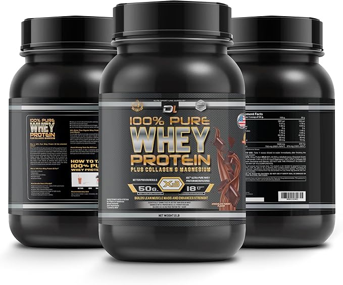 DL 100% Pure Whey Protein + Collagen + Magnesium | 43g. Protein & Essential BCAA´s | Muscle Gain, Recovery & Nutrient delivery | Low Fat Protein | Quik & Easy Mixing | 2.20lb (1KG, Chocolate)