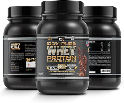 DL 100% Pure Whey Protein + Collagen + Magnesium | 43g. Protein & Essential BCAA´s | Muscle Gain, Recovery & Nutrient delivery | Low Fat Protein | Quik & Easy Mixing | 2.20lb (1KG, Chocolate)