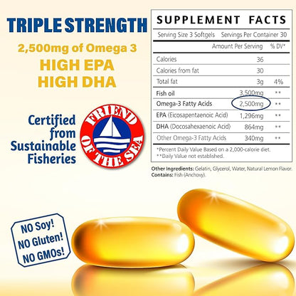 Omega 3 Fatty Acid Supplements. Burpless Fish Oil 3000mg High EPA DHA for Women & Men. Odorless, No Burp, Mercury Free Omega 3 Capsules.