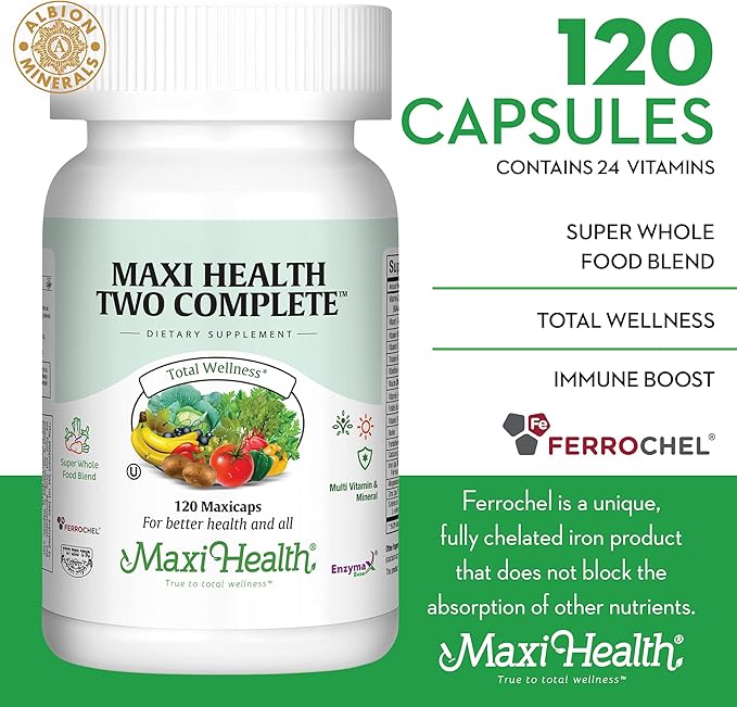 Maxi Health Two Complete - Multivitamins and Minerals - Full Potency - 120 Capsules - Kosher