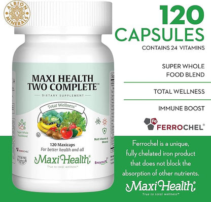Maxi Health Two Complete - Multivitamins and Minerals - Full Potency - 120 Capsules - Kosher
