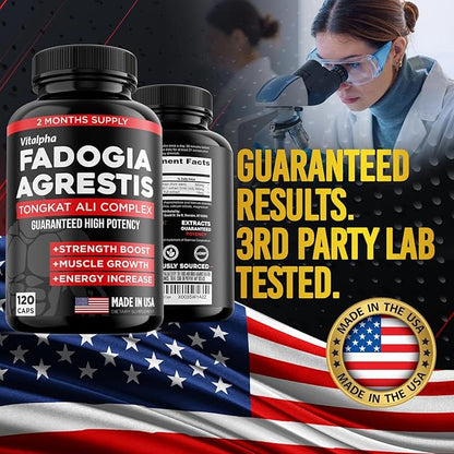 600mg Fadogia Agrestis Extract, 400mg Tongkat Ali Supplement & Bioperine - Maximum Strength Blend for Athletic Performance & Muscle Mass - Fadogia Agrestis & Tongkat Ali for Men - 120 V-Caps
