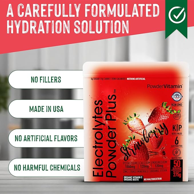 Electrolytes Powder Plus Keto, Strawberry (50 Servings) 0 Sugar, No Maltodextrin,1000mg Potassium,120mg Calcium,120mg Magnesium,Organic Vitamin C,Zero Calories, Energy Hydration Powder