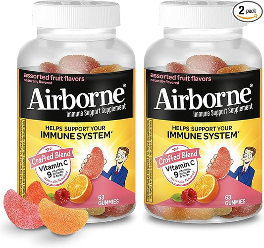 Airborne 750mg Vitamin C Gummies For Adults, Immune Support Gummies With Powerful Antioxidants Vit C & E, Caffeine Free - 2x63ct Bottle (42 Servings), Assorted Fruit Flavor