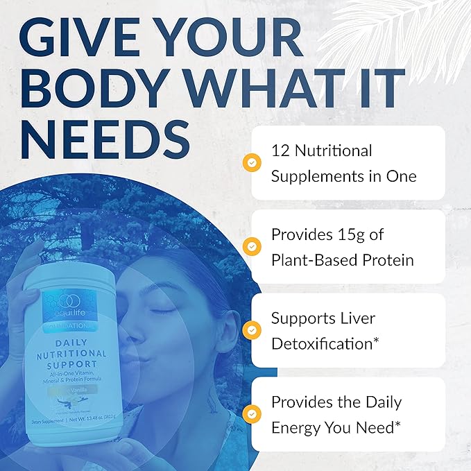 Equilife - Daily Nutritional Support, Organic and Plant Based Protein Powder, All-in-one Multivitamin, May Help Boost Energy and Mood, Gut-Cleansing Aid and Skin Health (Pure Vanilla,14 Servings Tub)