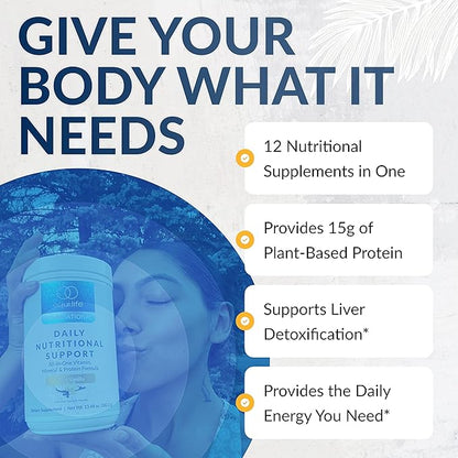 Equilife - Daily Nutritional Support, Organic and Plant Based Protein Powder, All-in-one Multivitamin, May Help Boost Energy and Mood, Gut-Cleansing Aid and Skin Health (Pure Vanilla,14 Servings Tub)