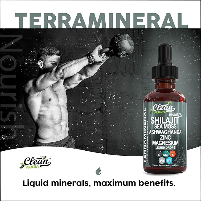Shilajit Liquid Drops with Sea Moss, Ashwagandha, Zinc, Magnesium, Liquid Vitamins for Women and Men - Terra Mineral by Clean Nutra