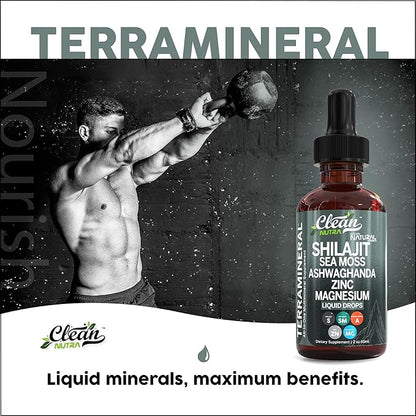 Shilajit Liquid Drops with Sea Moss, Ashwagandha, Zinc, Magnesium, Liquid Vitamins for Women and Men - Terra Mineral by Clean Nutra