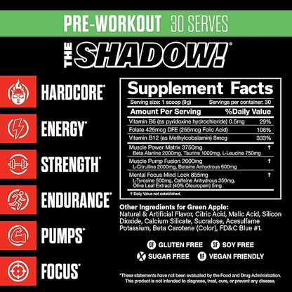 JNX SPORTS The Shadow! 350mg of Caffeine Hard Core Preworkout - Green Apple 30 Servings | Electric Energy, Mental Focus & Superhuman Strength for Men & Women