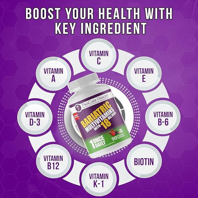 Procare Health Bariatric chewable Multivitamin with Iron 18mg (90 Tablets) - Fruit Punch Flavor Bariatric Multivitamin Chewable Pills for Gastric Bypass & Sleeve Gastrectomy Patients* (3 Month Supply)