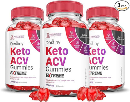 (3 Pack) Destiny Keto ACV Gummies Extreme 2000MG Destiny Keto Gummies Advanced Formula Apple Cider Vinegar with Pomegranate Beet Juice Powder B12 Vegan Non GMO 180 Gummys